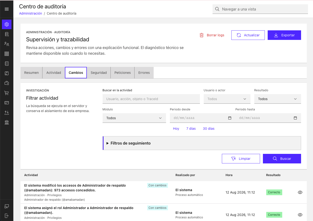 ERP audit center showing privilege changes with actor and result