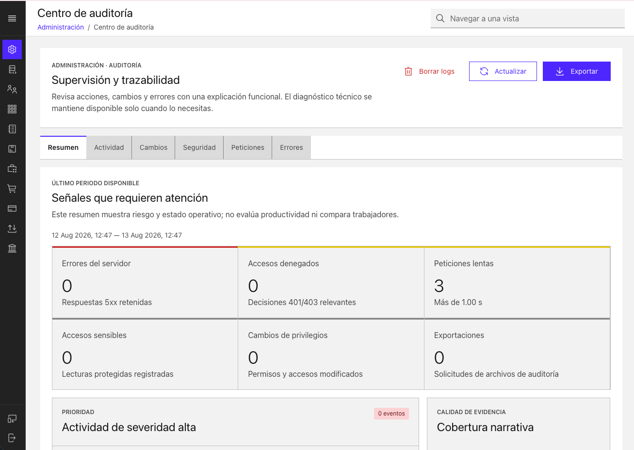 ERP audit center overview with operational and security signals