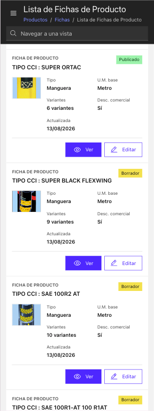 Mobile ERP product template cards with status and primary actions