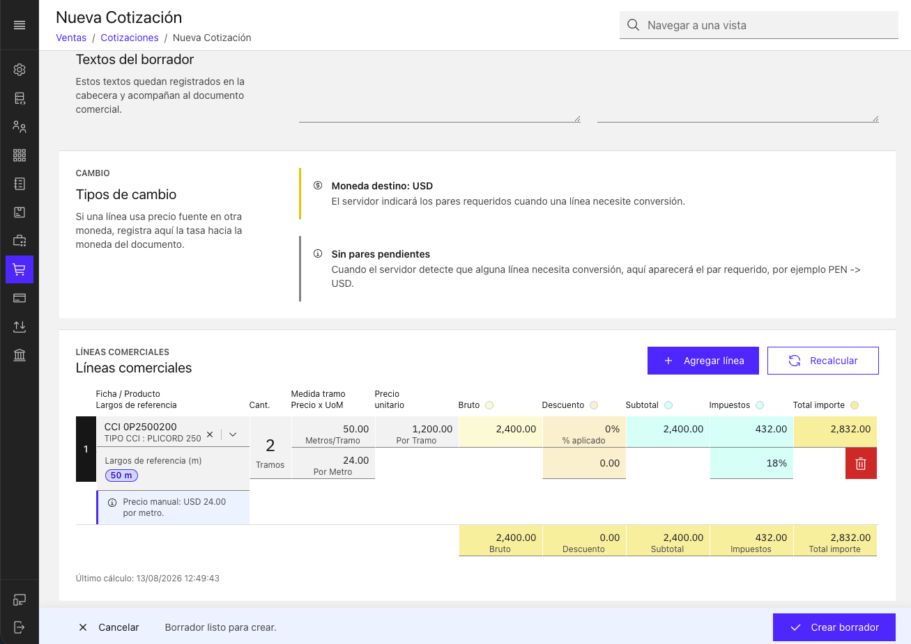 ERP quotation editor with product segments, currencies, taxes and totals