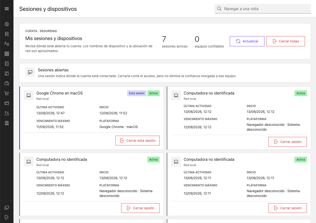 ERP session and trusted device management screen